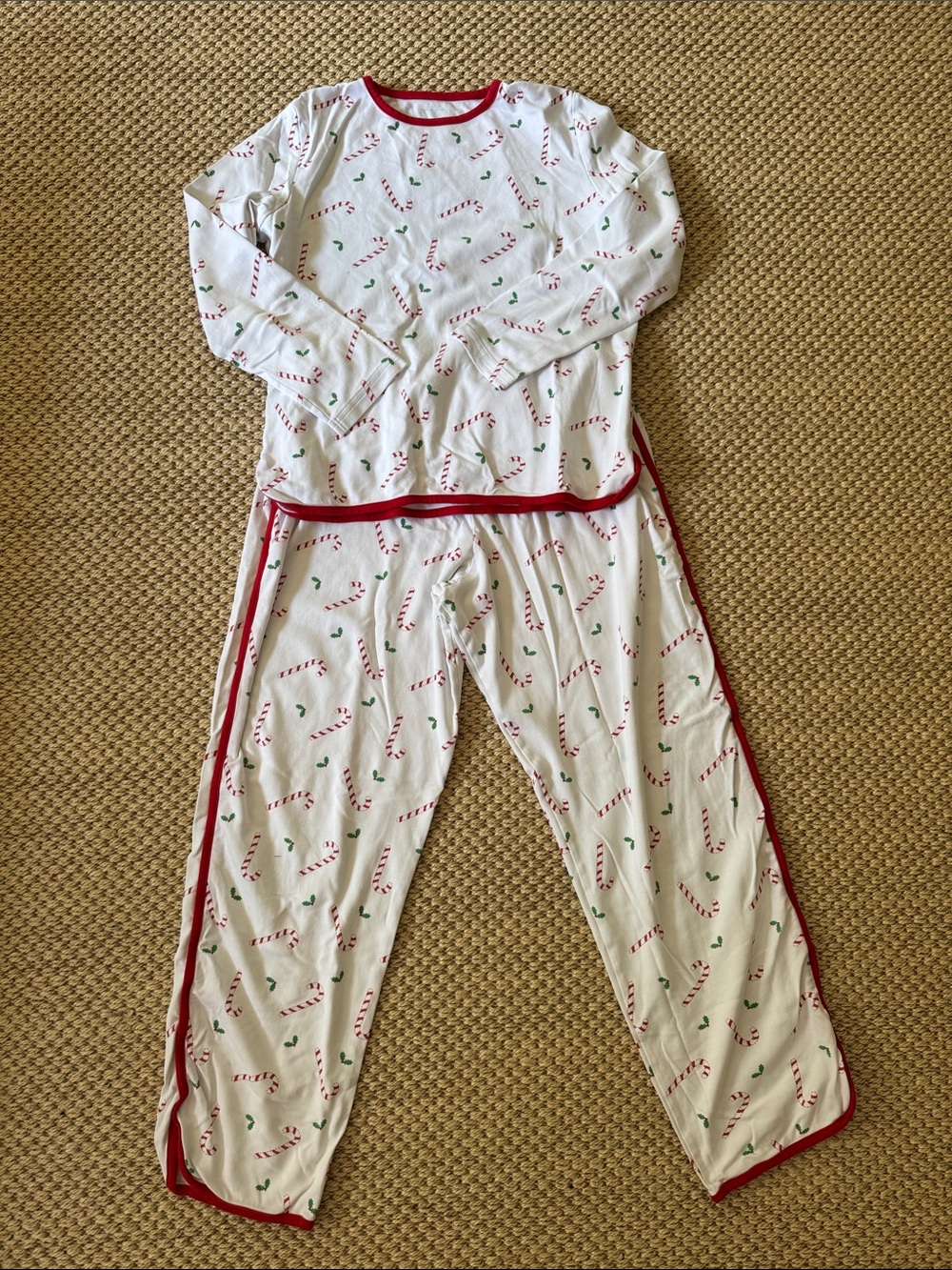Little English White Candy Cane Print Womens  Pajama Set with Red Trim